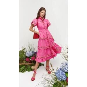 Celia B Alvis Fuchsia Eyelet Scallop Cotton Midi Dress XS